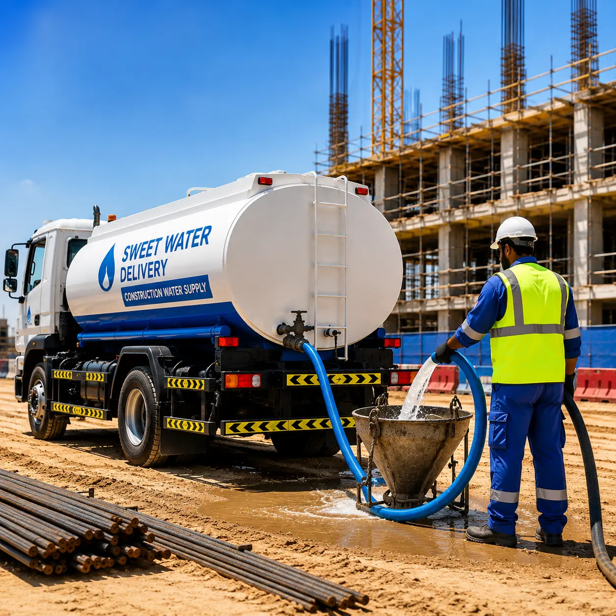 Construction water supply in Qatar using a professional sweet water tanker delivering clean water to an active construction site.