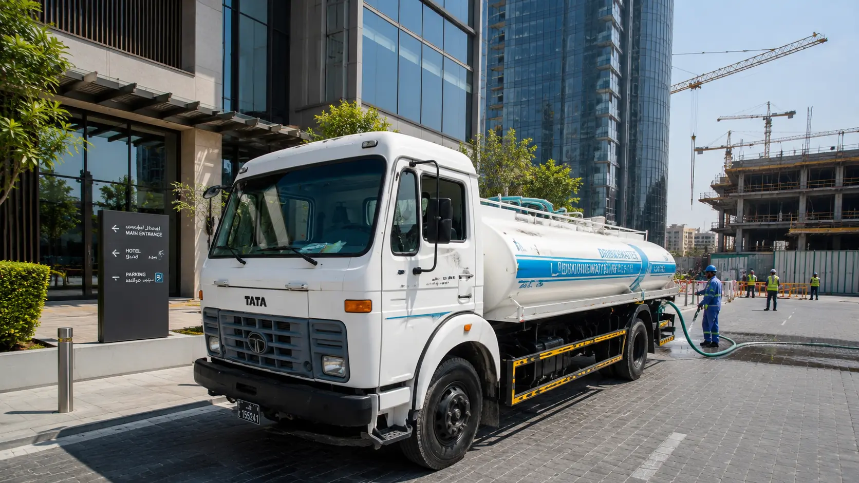Construction water tanker supplying water to a project site in Qatar