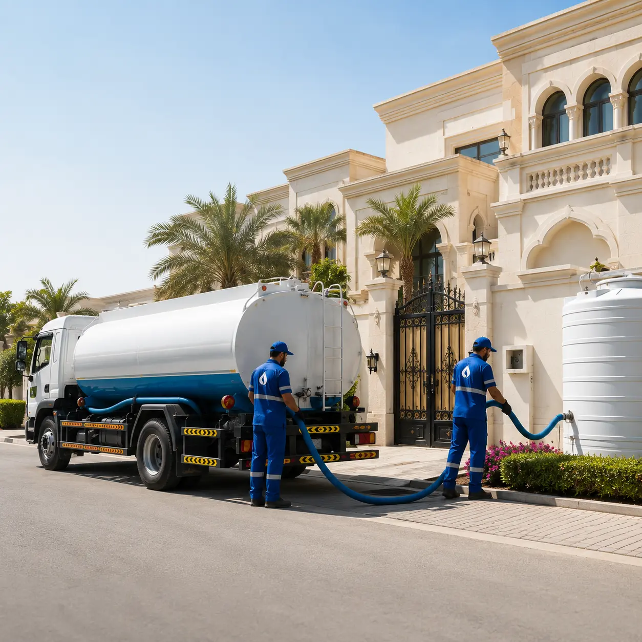 Residential sweet water delivery to a luxury villa in Qatar using a professional water tanker.