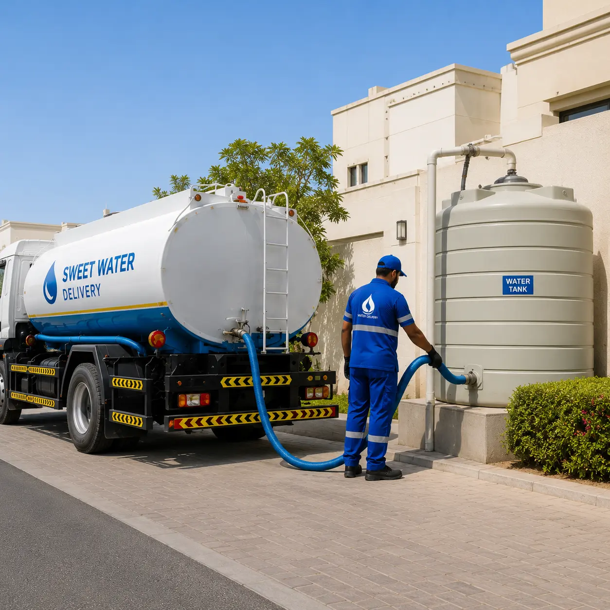 Professional water tank filling service in Qatar using a sweet water tanker to fill a residential water storage tank at a luxury villa.