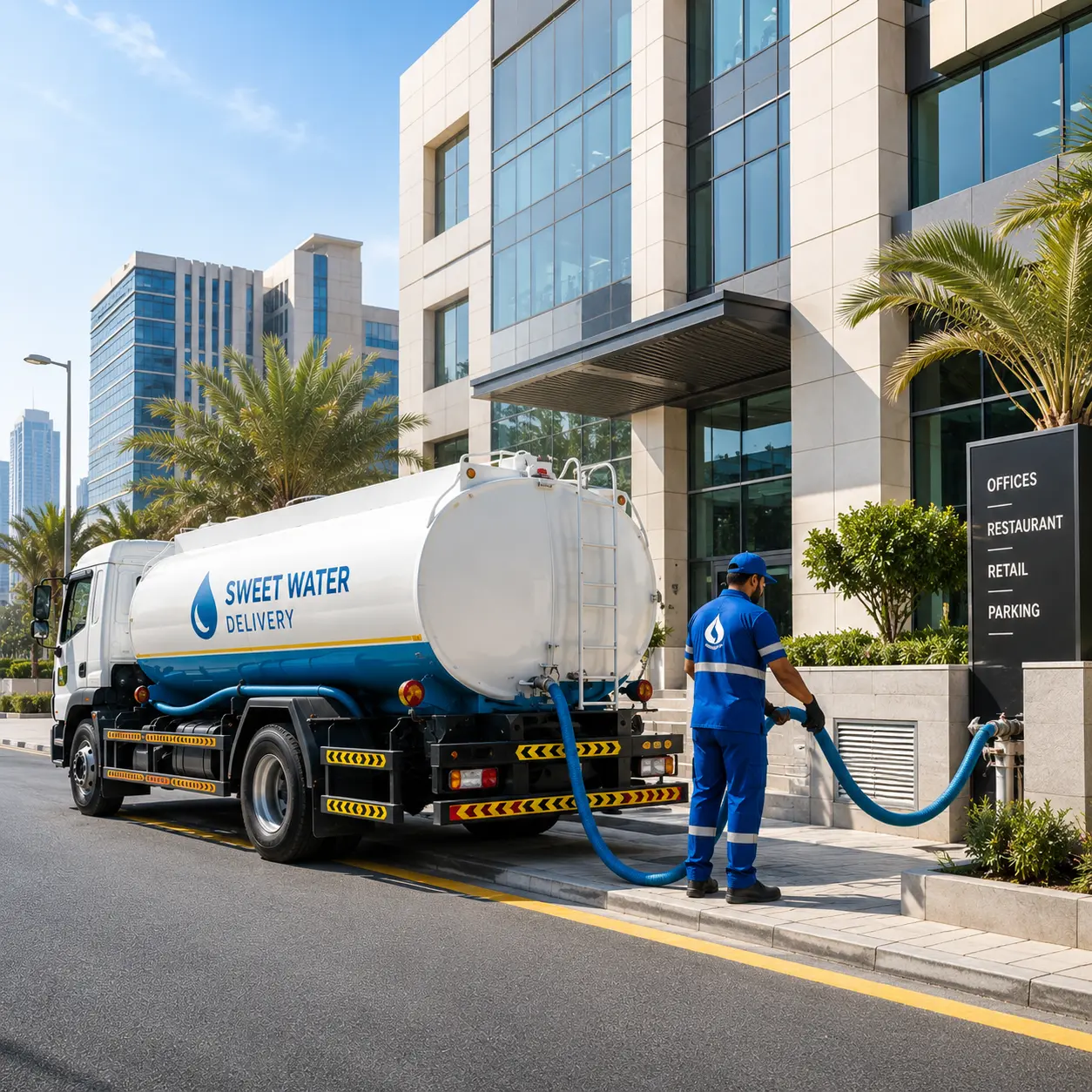 Commercial water supply in Qatar using a professional sweet water tanker delivering clean water to a modern business complex.