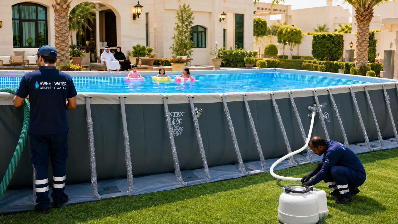 Sweet water tanker filling a residential swimming pool in Qatar